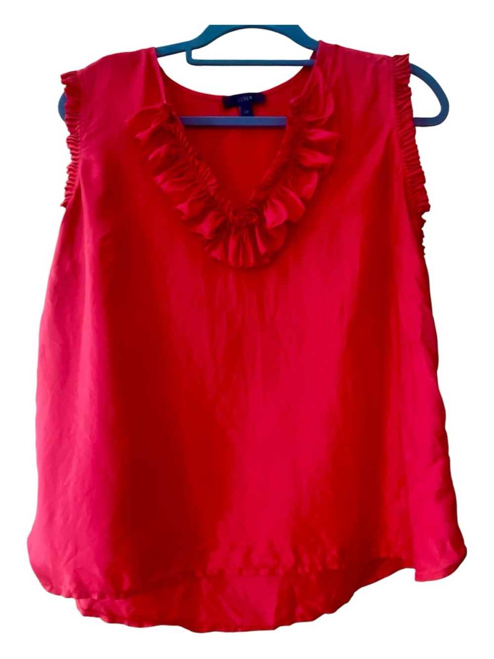 J.Crew Red Silk Ruffle Trim Sleeveless Blouse Petite 12 Career Holiday